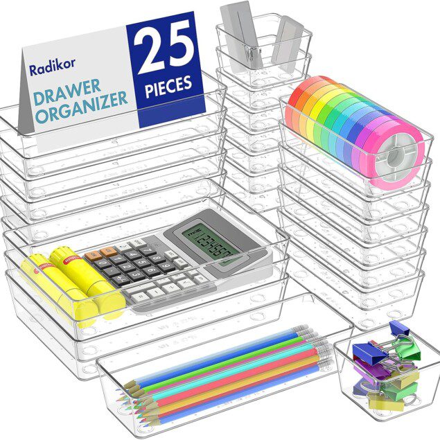 Organisateurs de tiroir : le lot de 25 bacs en plastique transparent pour un rangement optimal de salle de bain, coiffeuse, cuisine et bureau