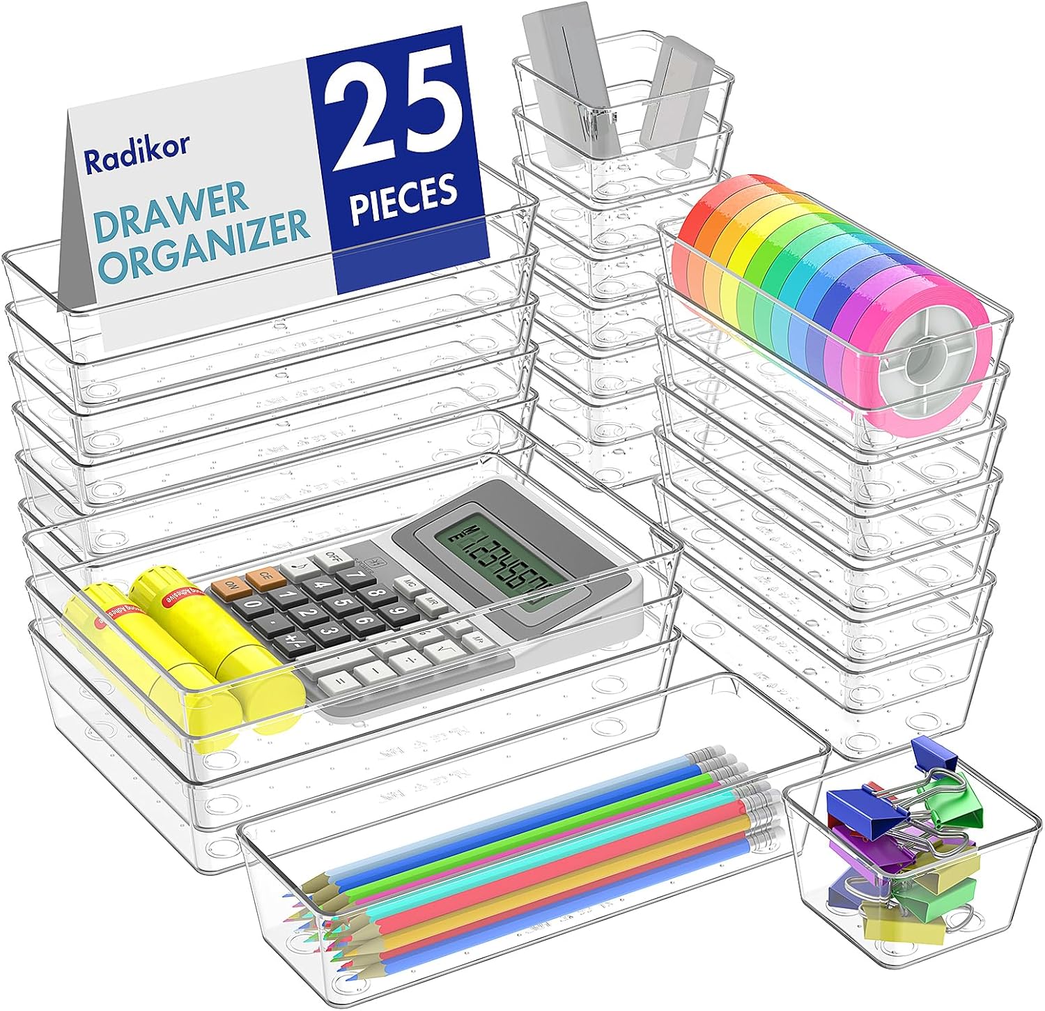 Organisateurs de tiroir : le lot de 25 bacs en plastique transparent pour un rangement optimal de salle de bain, coiffeuse, cuisine et bureau