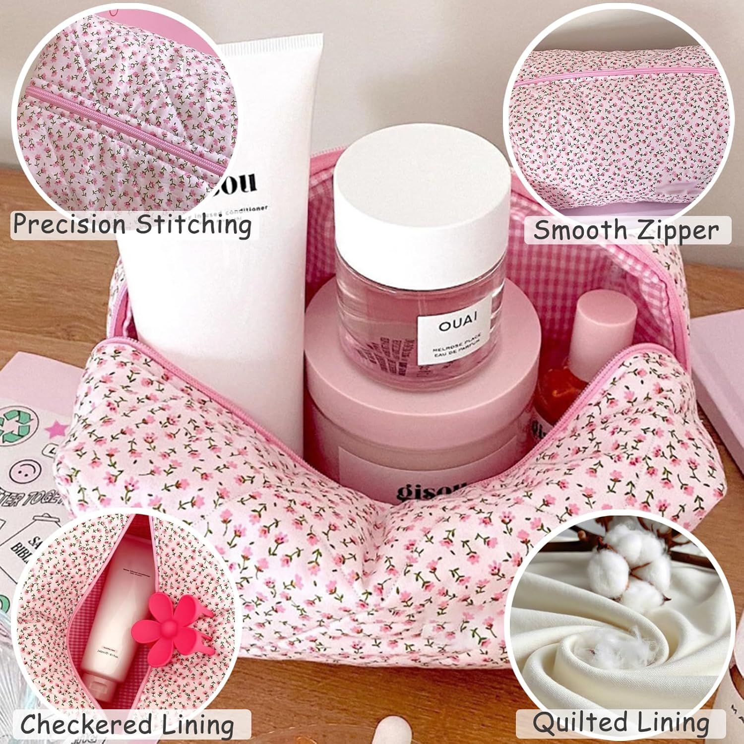 Trousse de maquillage matelassée : grande capacité et style floral pour femmes et filles en voyage – Image 3
