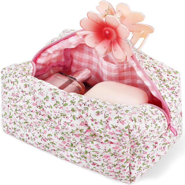 Trousse de maquillage matelassée : grande capacité pour femmes, idéale lors de vos voyages avec un motif floral élégant