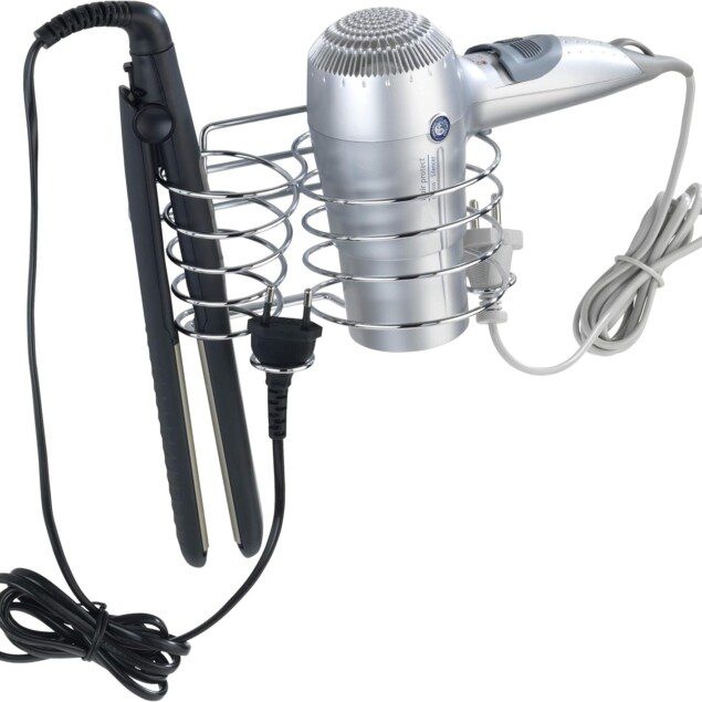 Porte sèche-cheveux et lisseur en inox argent : un rangement élégant pour votre salle de bain