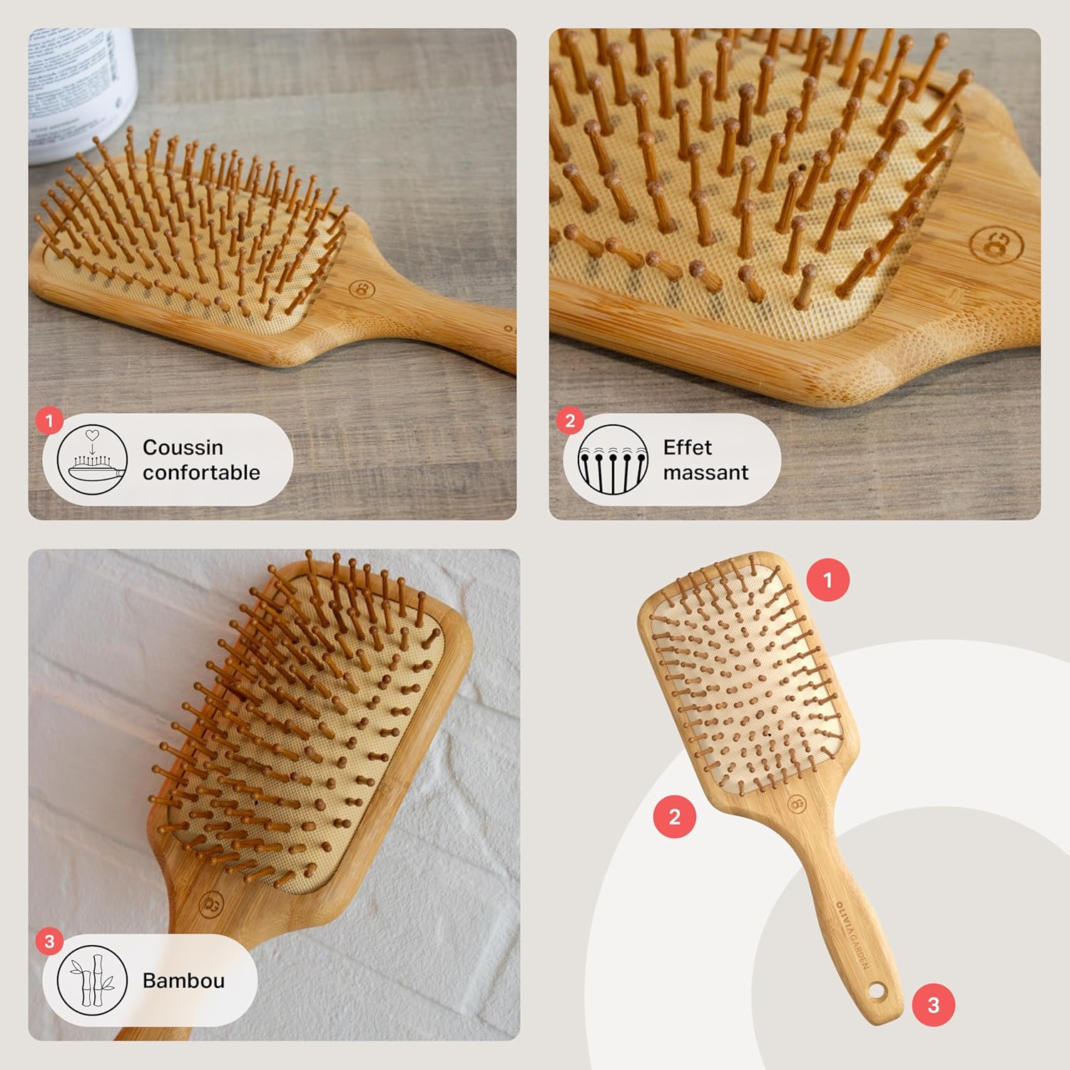 Brosse en bambou écologique : démêlage en douceur et massage du cuir chevelu pour les cheveux sensibles – Image 4