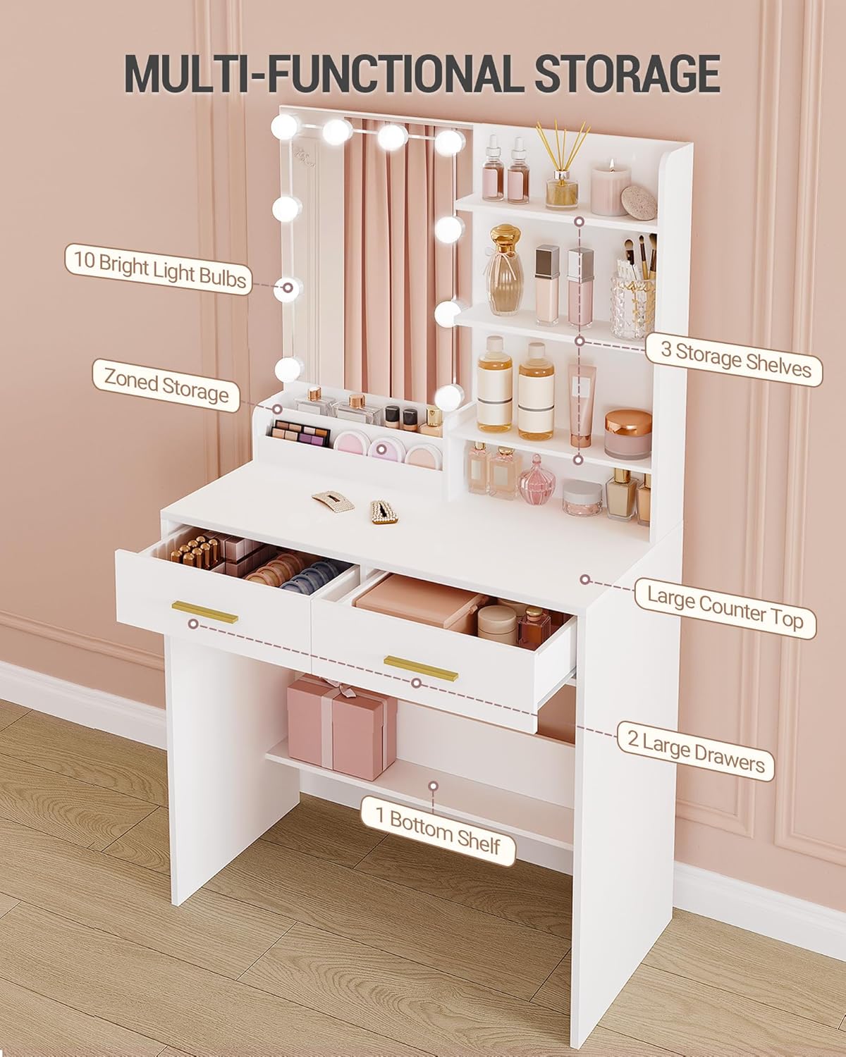 Coiffeuse avec 10 LED : vanité de maquillage élégante pour chambre avec rangement optimisé – Image 3