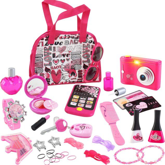 Ensemble sac à main princesse rose pour enfants : jouet de rôle élégant avec accessoires et faux maquillage pour filles de 3 ans et plus