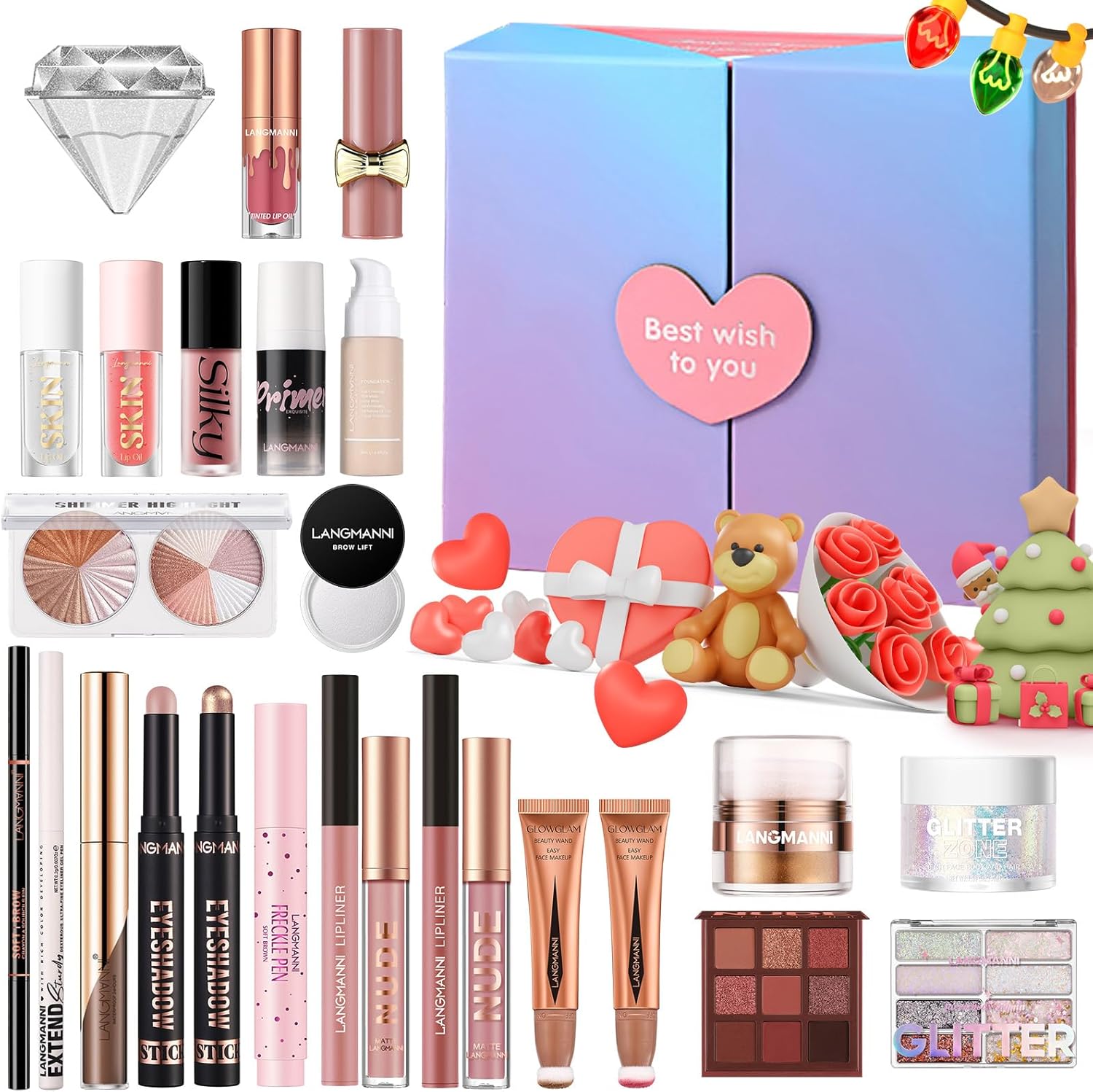Kit cosmétique complet : coffret de Noël de 26 pièces pour femmes et filles   Découvrez un magnifique assortiment d'ombres à paupières, fond de teint, correcteur, brillant à lèvres, blush et eyeliner pour sublimer votre beauté en cette saison festive !