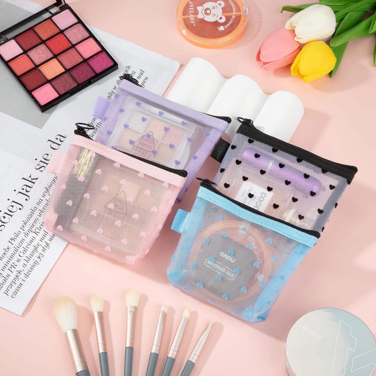 Mini trousses de toilette en maille : 4 pièces élégantes pour un voyage organisé et stylé – Image 2