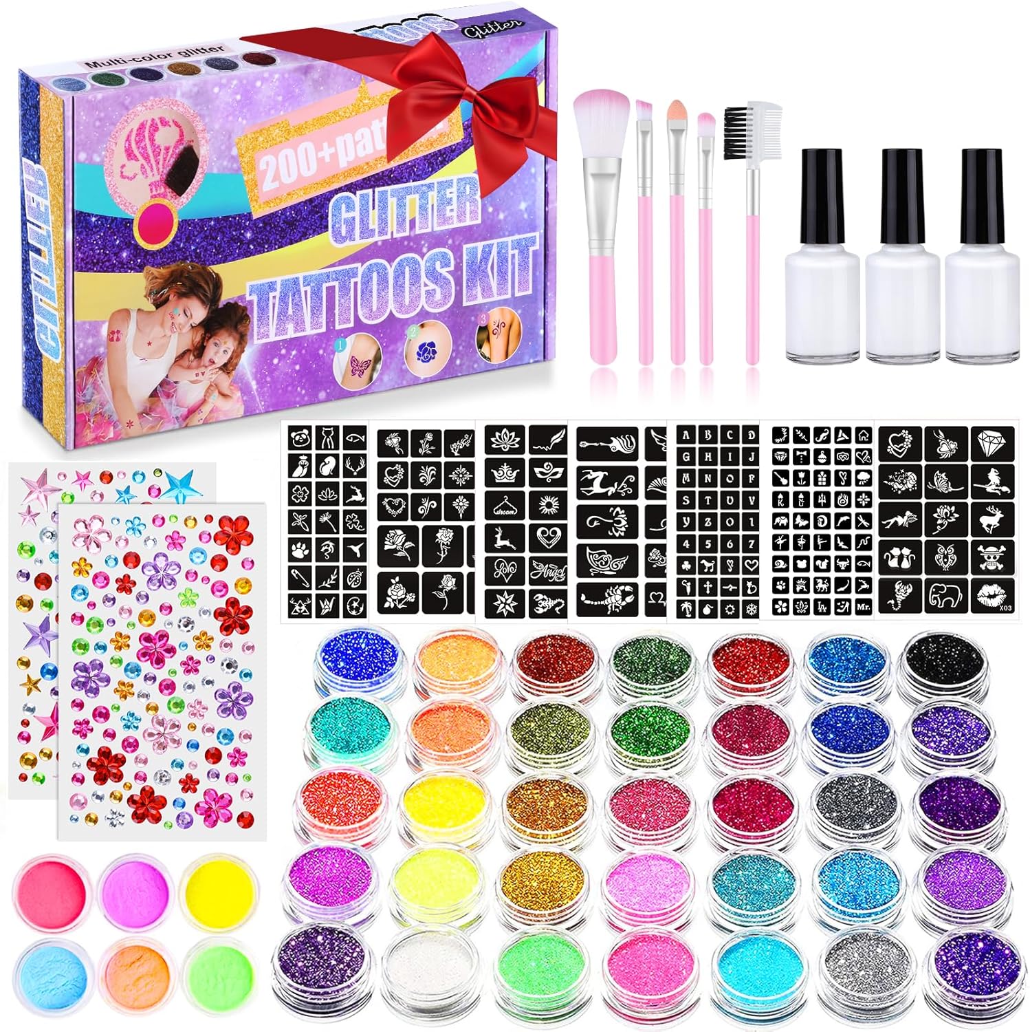 Tatouage paillette : kit complet de 41 couleurs pour enfants avec 204 pochoirs et 5 pinceaux, idéal pour des créations étincelantes et amusantes