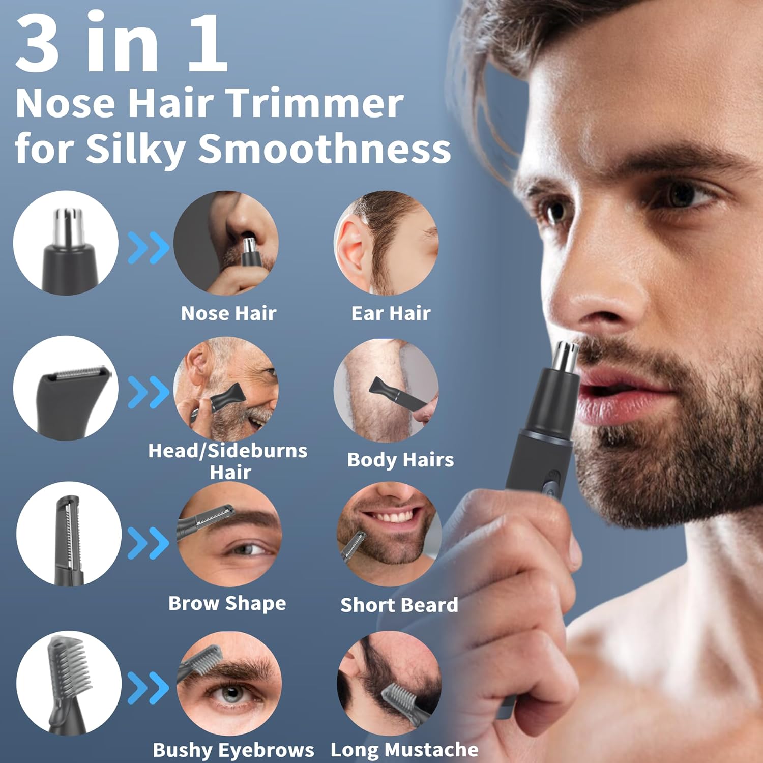 Tondeuse nez et oreilles 3-en-1 : l'outil de précision idéal pour les hommes Éliminez efficacement les poils indésirables et assurez-vous un look soigné grâce à sa recharge USB pratique – Image 3