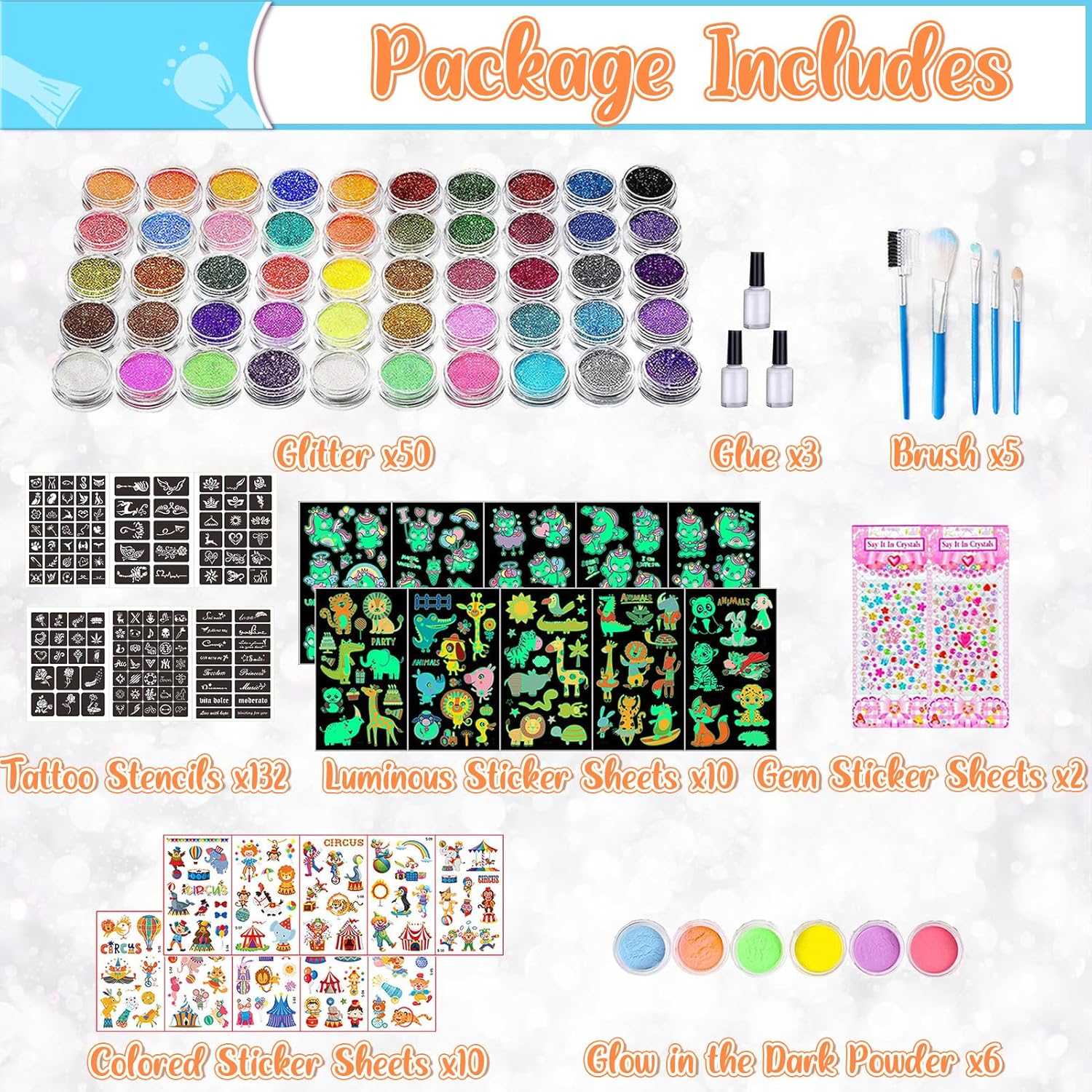 Tatouages temporaires scintillants : le kit parfait pour enfants lors des fêtes 50 couleurs, pochoirs créatifs et autocollants lumineux pour un maquillage festif inoubliable – Image 8
