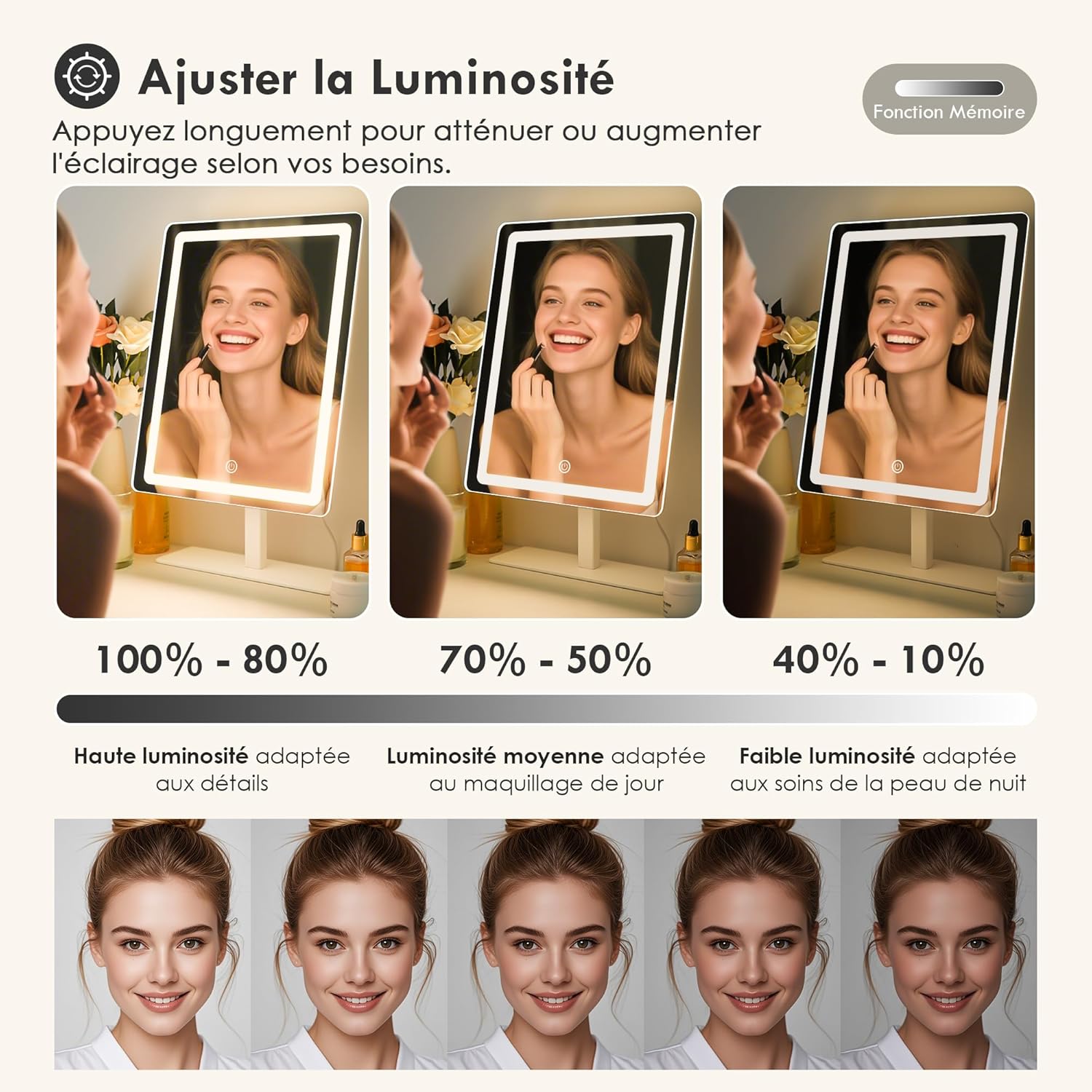 Miroir de courtoisie avec lumière : l'accessoire idéal pour les passionnées de maquillage Découvrez un miroir de maquillage LED avec éclairage à 3 couleurs, réglage de luminosité et d'angle, parfait pour un rendu impeccable à chaque utilisation. – Image 3