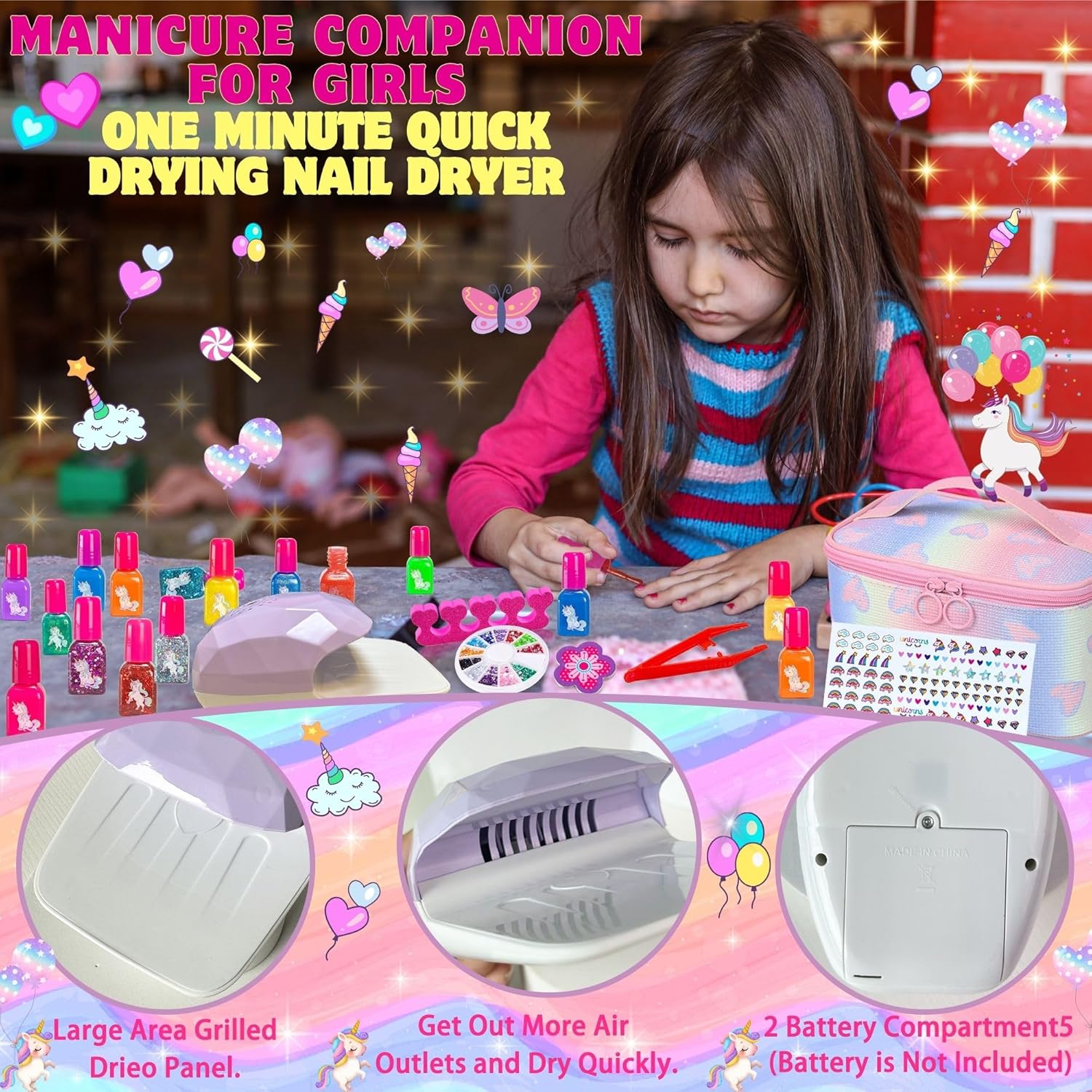 Kit manucure enfant : vernis à ongles non toxique et pelable pour des moments créatifs et amusants Idéal comme cadeau d'anniversaire pour les filles de 6 à 11 ans avec séchoir et trousse de maquillage inclus – Image 6
