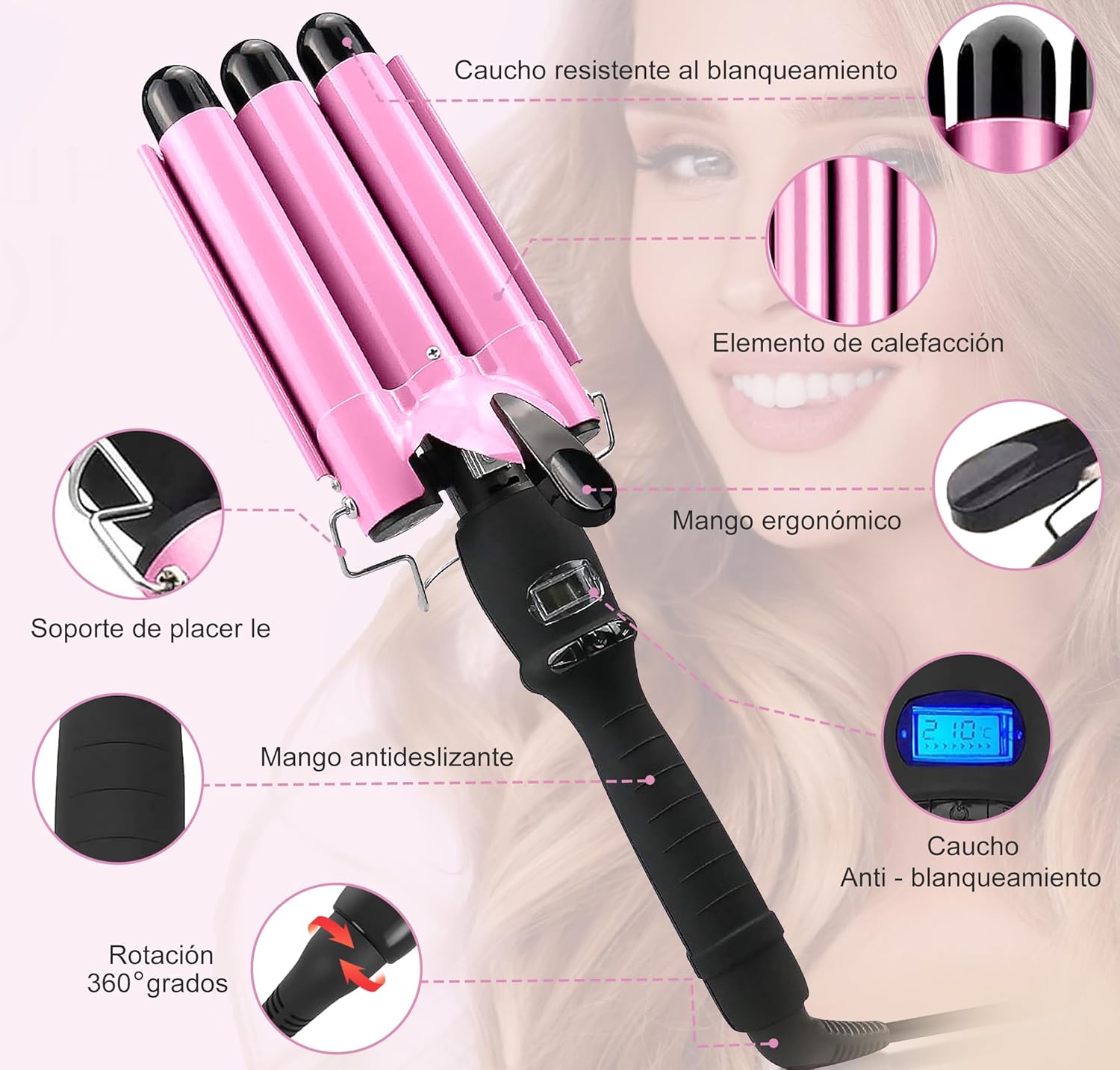 Fer à friser 3 barils : pour des boucles parfaites en un temps record Découvrez le fer à boucler réglable à chauffage rapide, idéal pour tous les types de cheveux, longs ou courts. Grâce à sa technologie avancée en céramique, ce boucleur à cheveux de 25 mm vous garantit des ondulations élégantes et durables tout en préservant la santé de votre chevelure. Profitez d'un affichage LCD pour un réglage précis de la température, et révélez votre style en toute simplicité ! – Image 2