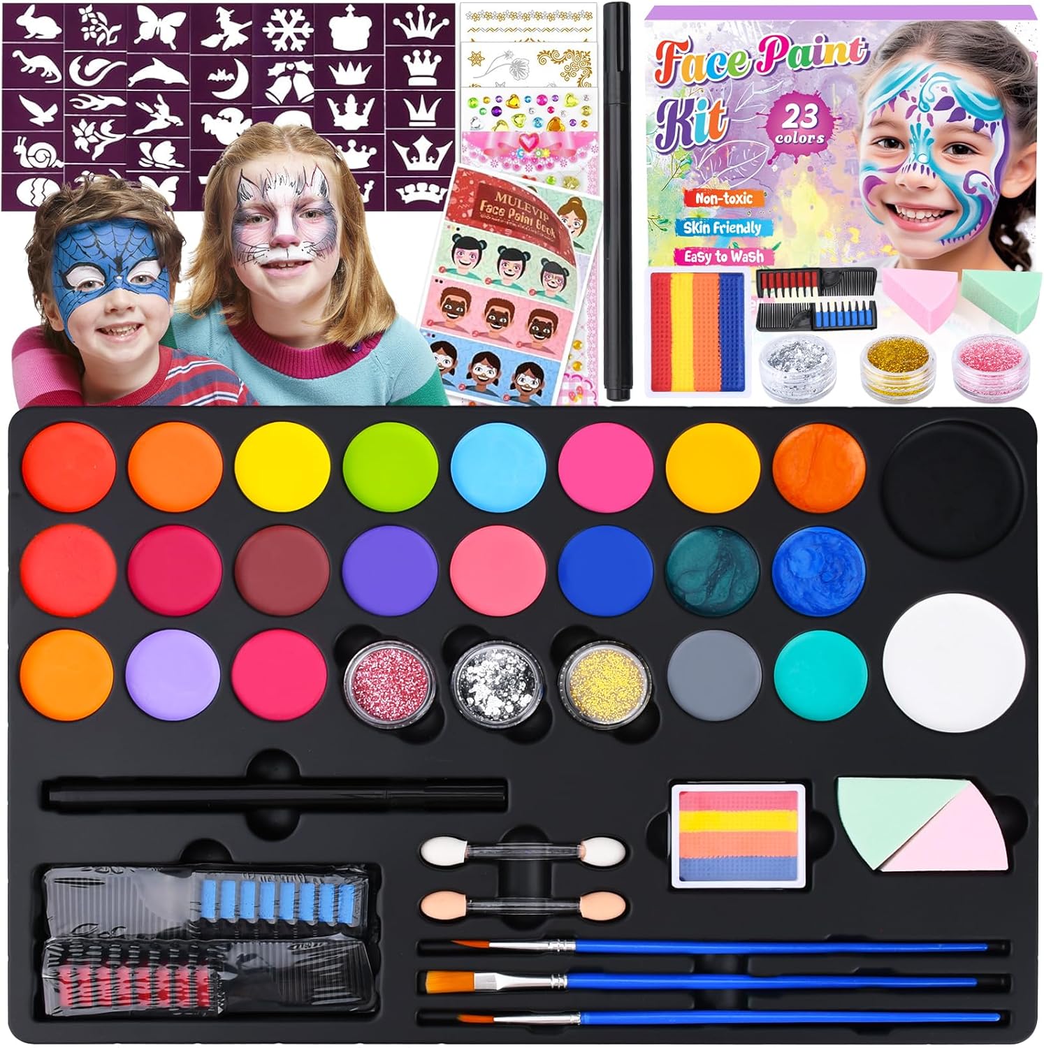 Palette de maquillage enfants : 23 couleurs pour des moments créatifs et festifs   Offrez à vos enfants la possibilité de s'exprimer à travers la peinture corporelle avec ce kit idéal pour Halloween, Noël et Carnaval. Cette palette de maquillage leur promet des heures de plaisir créatif tout en garantissant une application facile et sécurisée.
