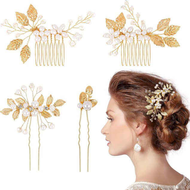 Accessoires cheveux mariage : peigne et pinces à cheveux en perles dorées pour sublimer votre coiffure