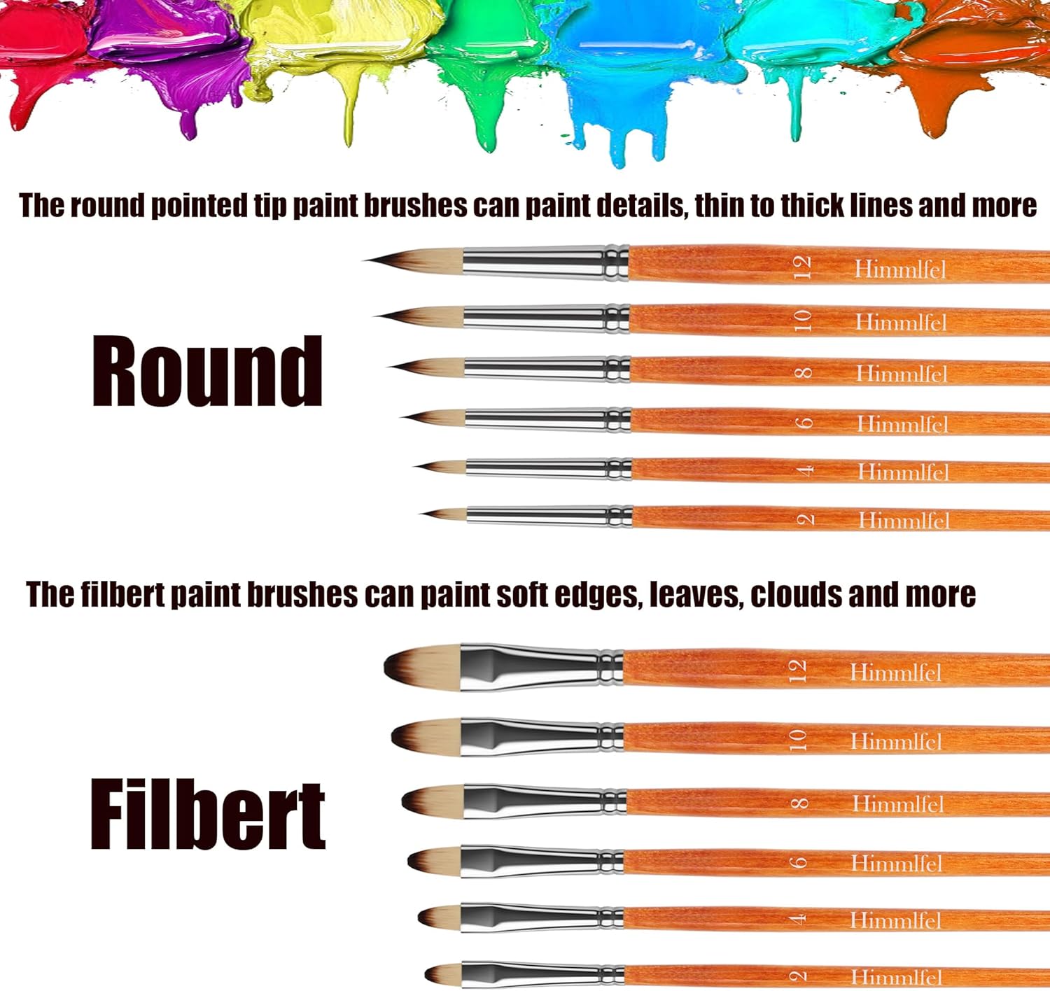 Pinceaux ronds et filbert : 12 pièces pour artistes, parfaits pour peinture acrylique, aquarelle, huile et gouache – Image 2