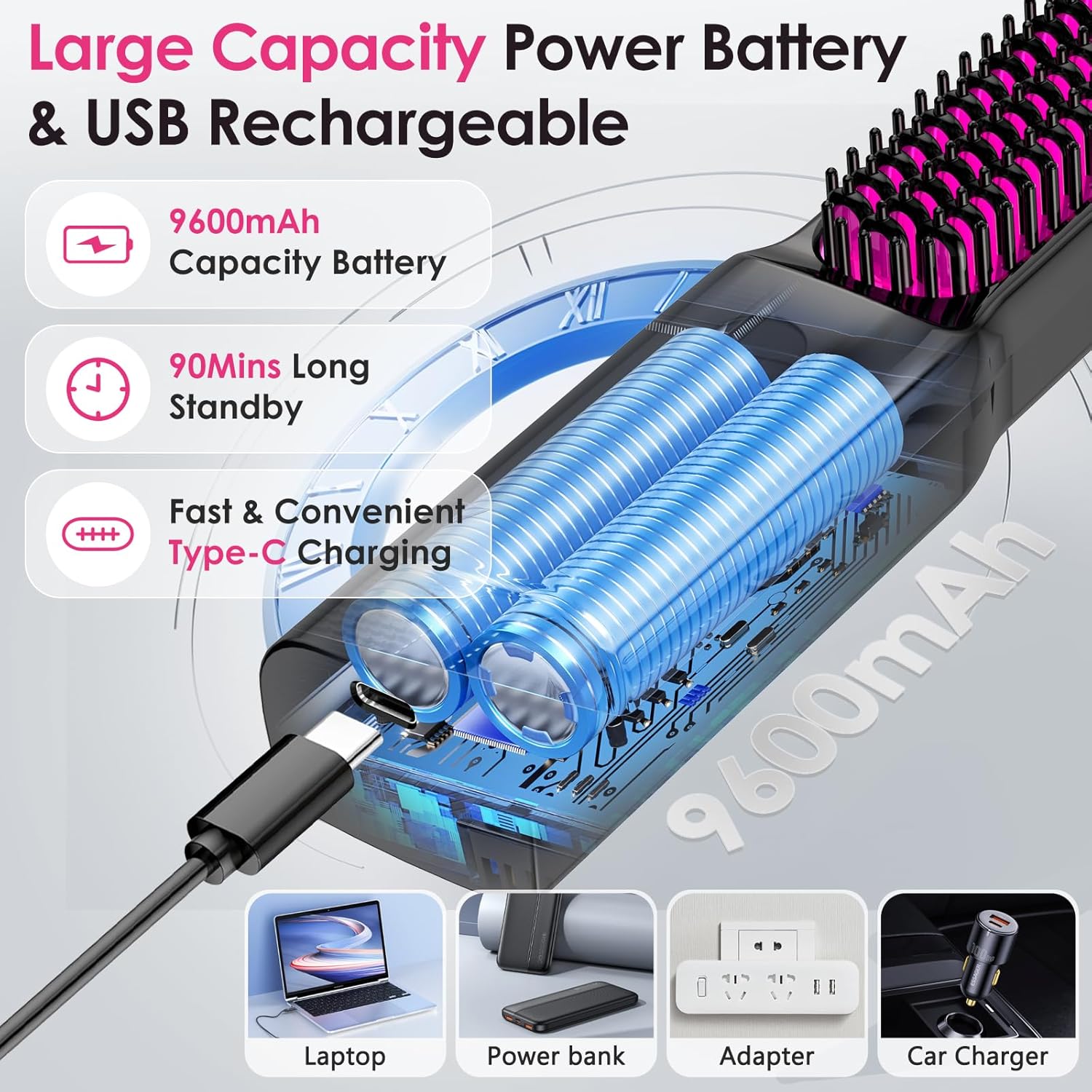 Brosse lissante sans fil : l'outil professionnel idéal pour des cheveux lisses et brillants Découvrez la brosse chauffante portable, rechargeable et efficace pour un coiffage rapide et impeccable – Image 3