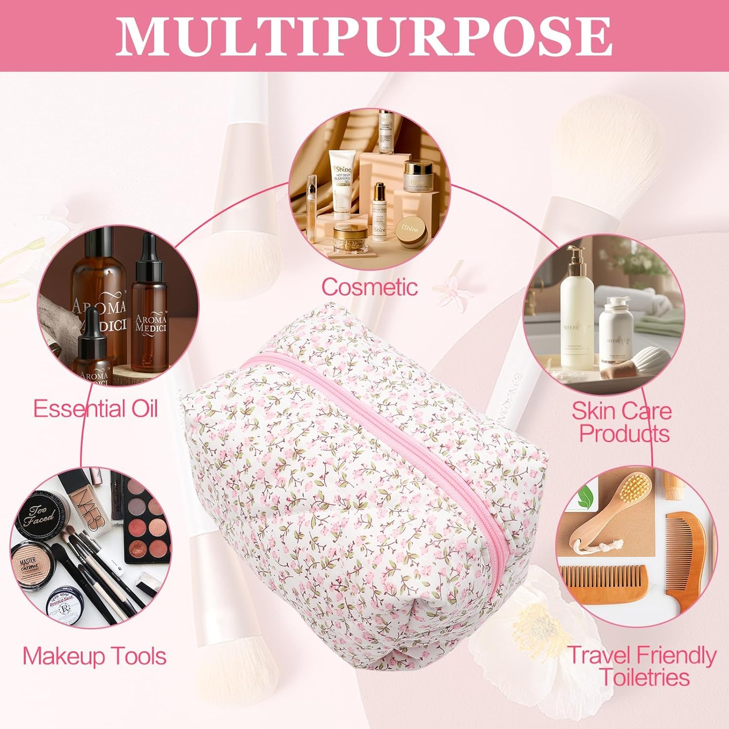 Trousse de maquillage matelassée : grande capacité pour femmes, idéale lors de vos voyages avec un motif floral élégant – Image 3