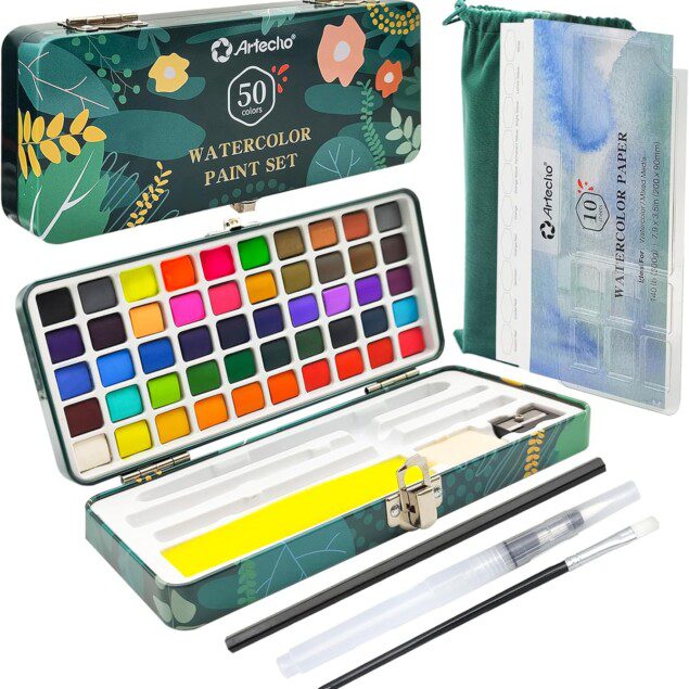 Aquarelle : set de 50 couleurs portables pour artistes en herbe, avec accessoires de qualité