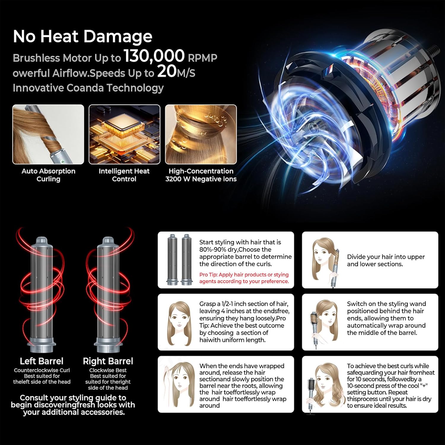 Sèche-cheveux 5 en 1 : la brosse soufflante idéale pour cheveux bouclés et lissés Transformez votre coiffure avec notre air styler multifonction à 5 têtes interchangeables – Image 9
