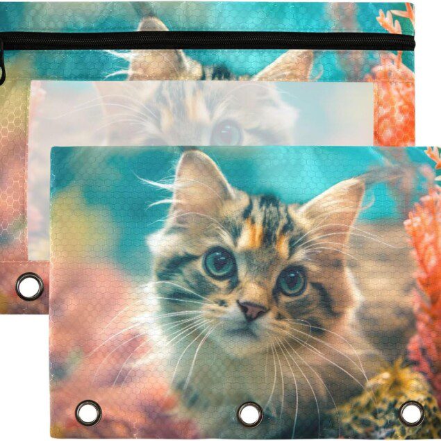 Trousse à crayons multicolore pour les amoureux des chats : un lot de 2 avec fenêtre transparente et fermeture éclair