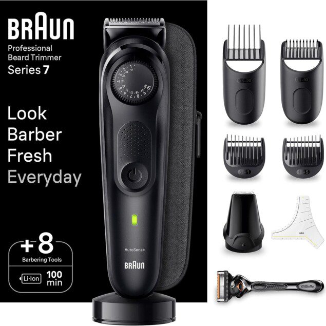Tondeuse à barbe professionnelle : pour les hommes exigeants en quête de précision et de style   Découvrez la tondeuse à barbe électrique Series 7 BT7440, équipée de la lame ProBlade la plus affûtée pour un rasage impeccable. Profitez d'un outil professionnel alliant performance et praticité, idéal pour un entretien soigné à domicile ou en voyage grâce à son étui de transport et sa base de recharge.