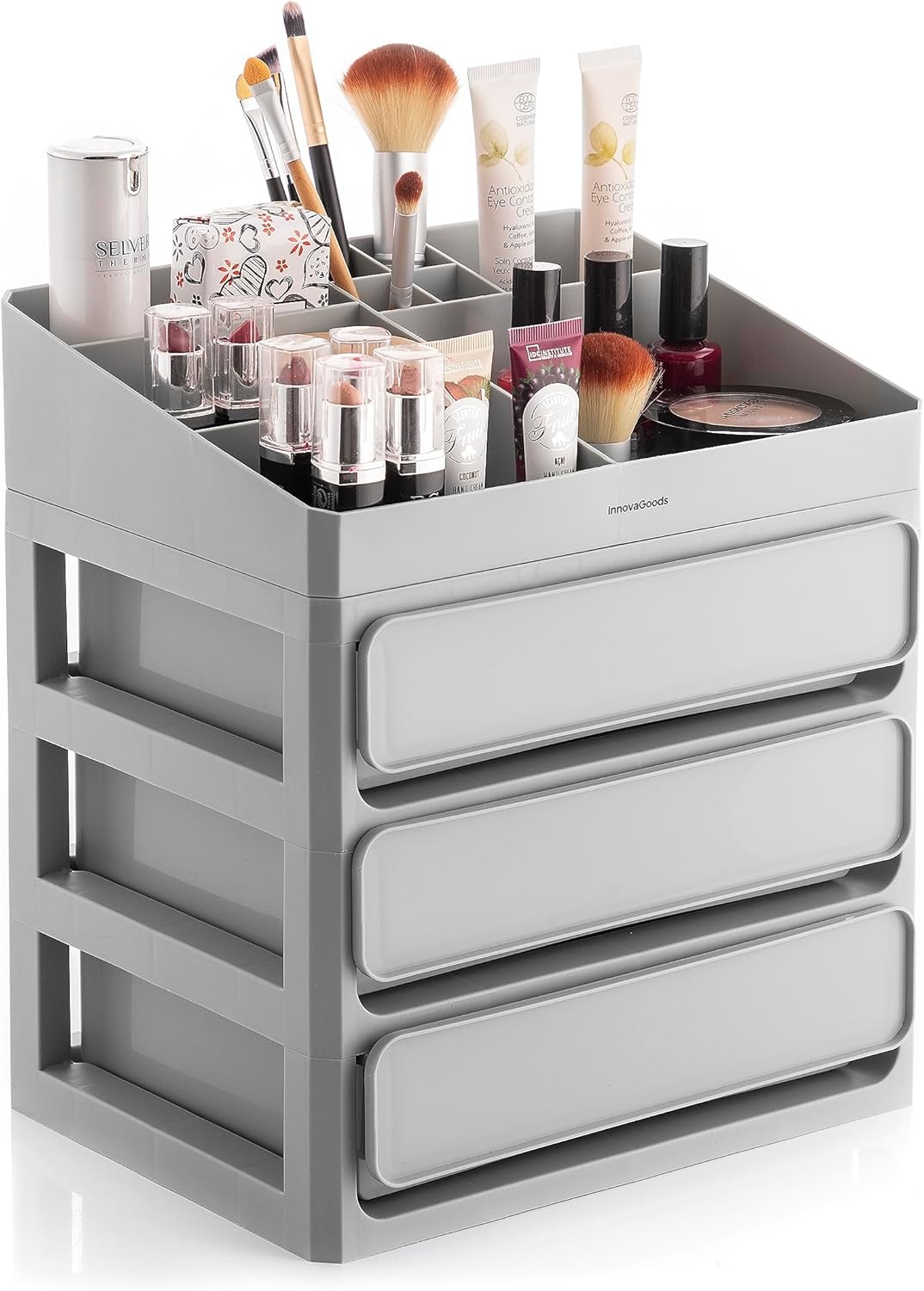 Organisateur de maquillage polyvalent : pour les passionnées de beauté, un rangement élégant et pratique avec 3 tiroirs et 9 compartiments