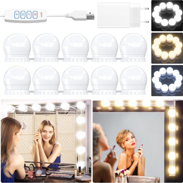 Lumière de miroir pour coiffeuse : kit d'ampoules LED Hollywood avec 10 intensités et 3 couleurs pour un maquillage parfait