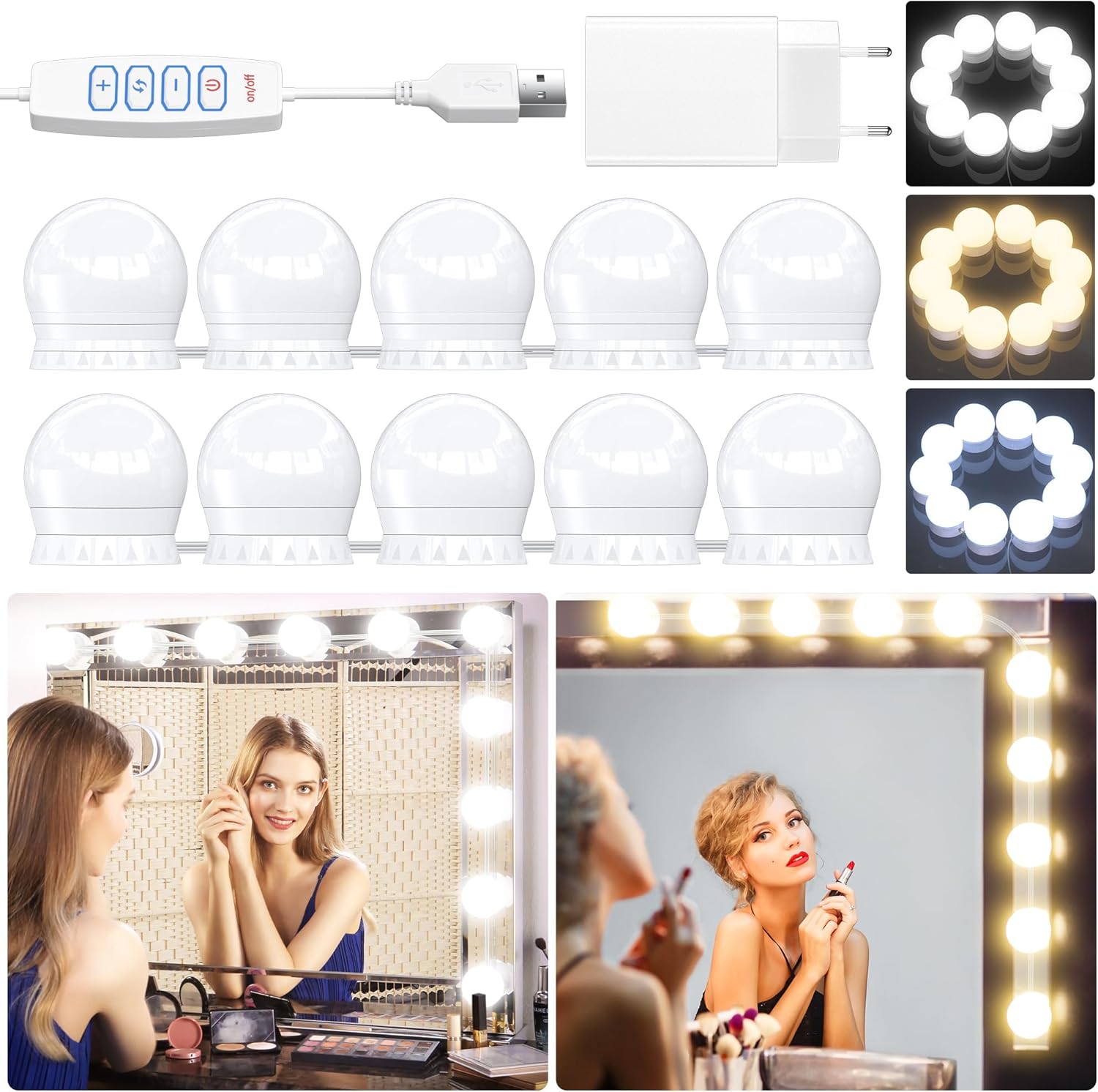Lumière de miroir pour coiffeuse : kit d'ampoules LED Hollywood avec 10 intensités et 3 couleurs pour un maquillage parfait