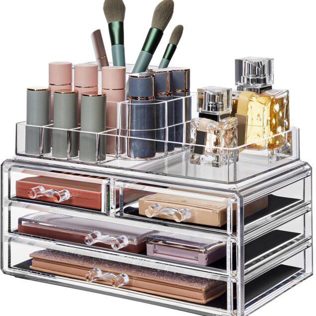 Organisateur de maquillage : le rangement idéal pour coiffeuse et salle de bain avec 11 compartiments et 4 tiroirs transparents
