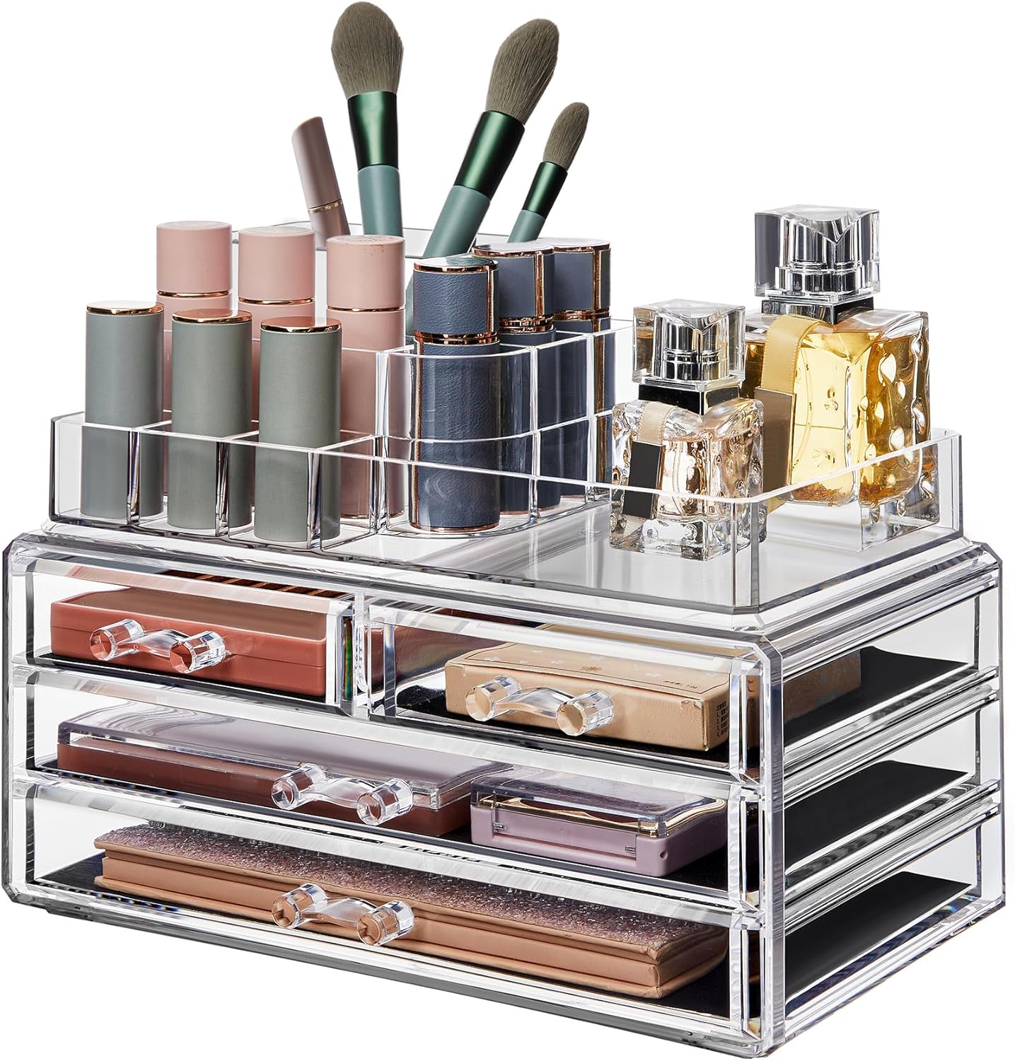 Organisateur de maquillage : le rangement idéal pour coiffeuse et salle de bain avec 11 compartiments et 4 tiroirs transparents