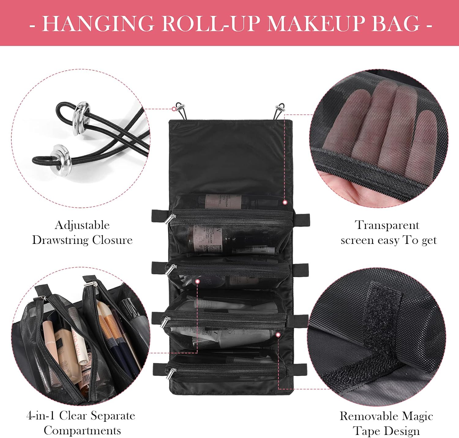 Pliable trousse de toilette voyage : sac à cosmétiques suspendu et détachable 4 en 1 pour une organisation élégante et pratique – Image 3