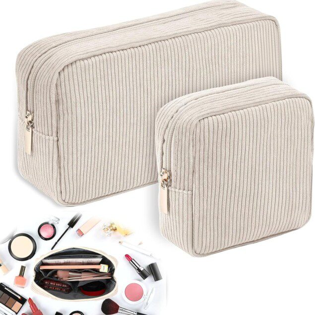 Trousse de maquillage en velours côtelé : l'élégance pour les femmes en voyage   Organisez vos essentiels de beauté avec style grâce à cette trousse beige à compartiments, idéale pour le maquillage ou les accessoires de bébé