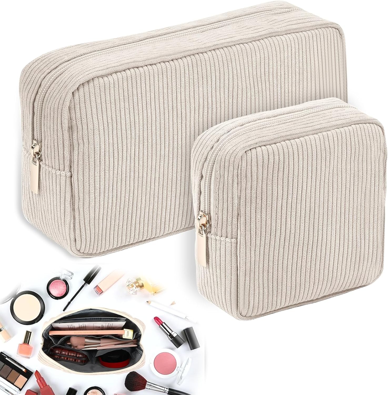 Trousse de maquillage en velours côtelé : l'élégance pour les femmes en voyage   Organisez vos essentiels de beauté avec style grâce à cette trousse beige à compartiments, idéale pour le maquillage ou les accessoires de bébé