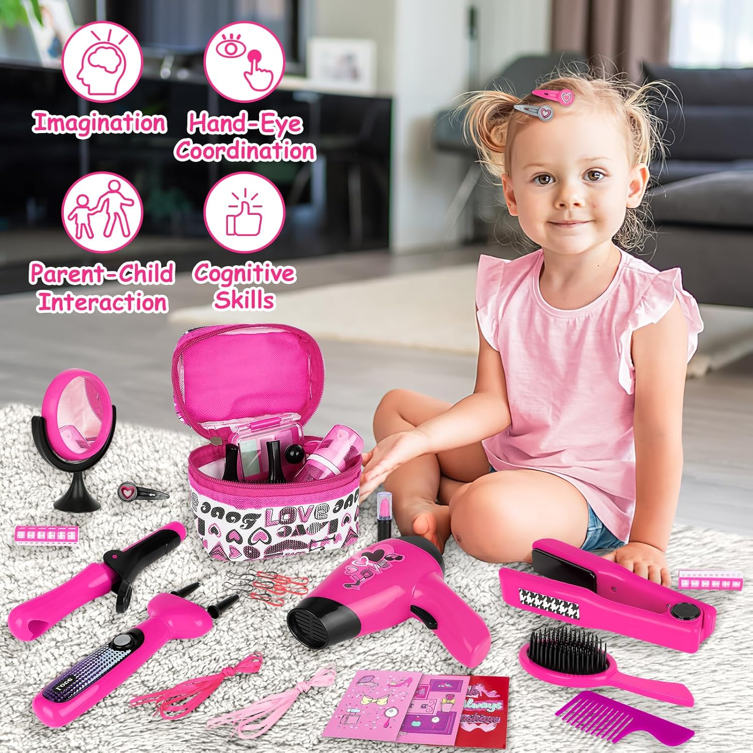 Jeu de beauté et mode : ensemble d'accessoires fashion pour les jeunes créatrices Découvrez le maquillage artificiel, le sèche-cheveux et la machine à tresser pour des looks éblouissants ! – Image 2