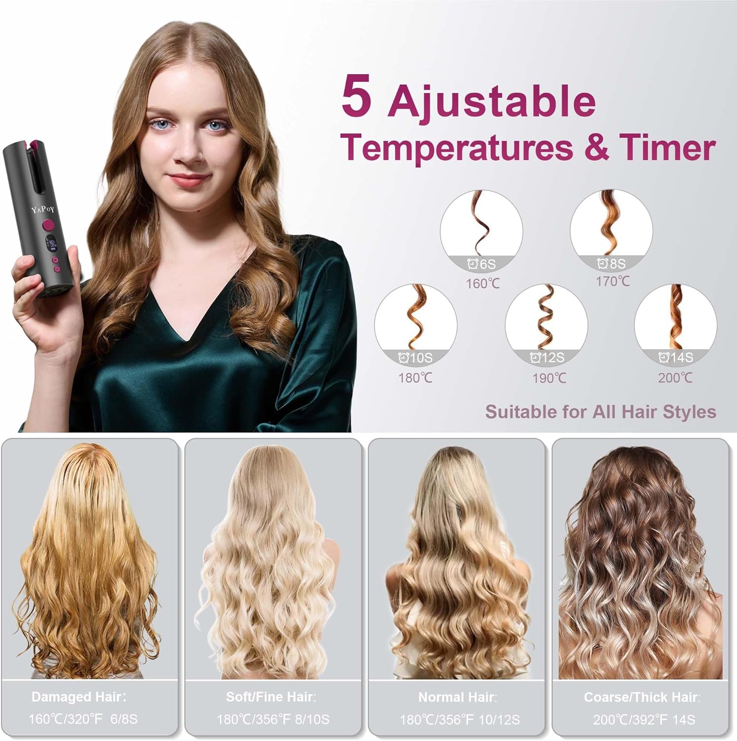 Boucleur cheveux automatique sans fil : l'allié parfait pour les femmes en quête de coiffures élégantes Profitez de 5 températures et d'une minuterie pour sublimer vos cheveux courts ou longs en toute simplicité – Image 2