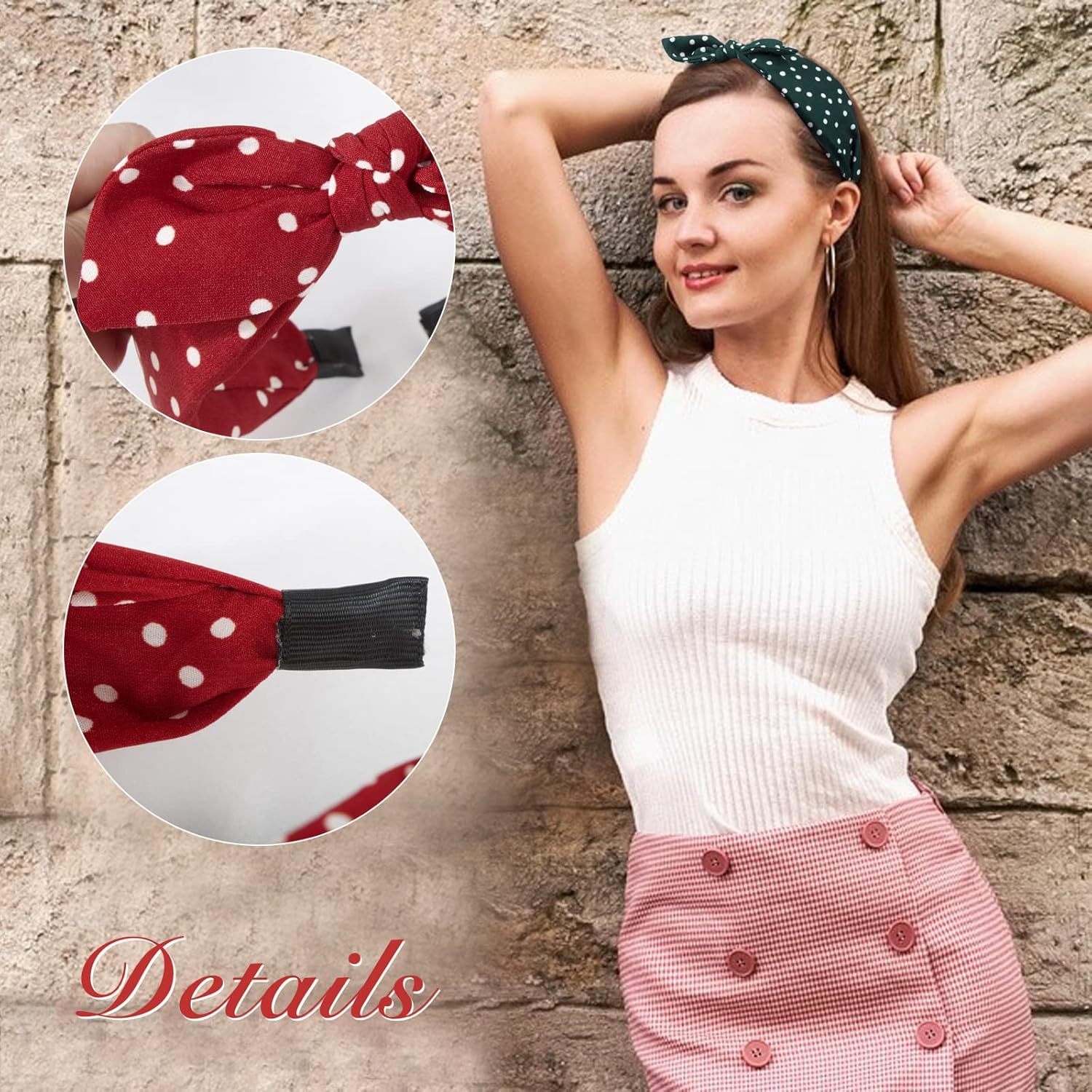 Serre-tête à pois en tissu : élégance vintage pour femmes et filles Accessoire de coiffure chic avec nœud lapin, idéal pour toutes les occasions – Image 3