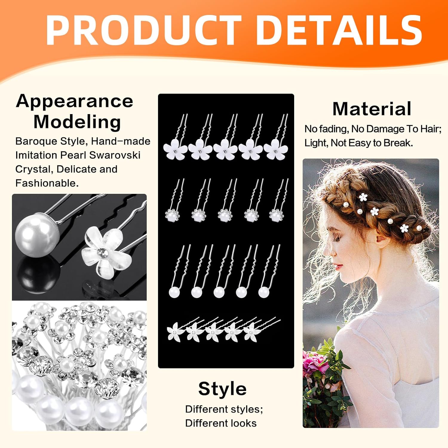 Épingles à cheveux de mariage : 20 pièces élégantes pour sublimer votre coiffure spéciale Accessoires en forme de U ornés de perles et de cristaux pour demoiselles d'honneur et mariées – Image 3