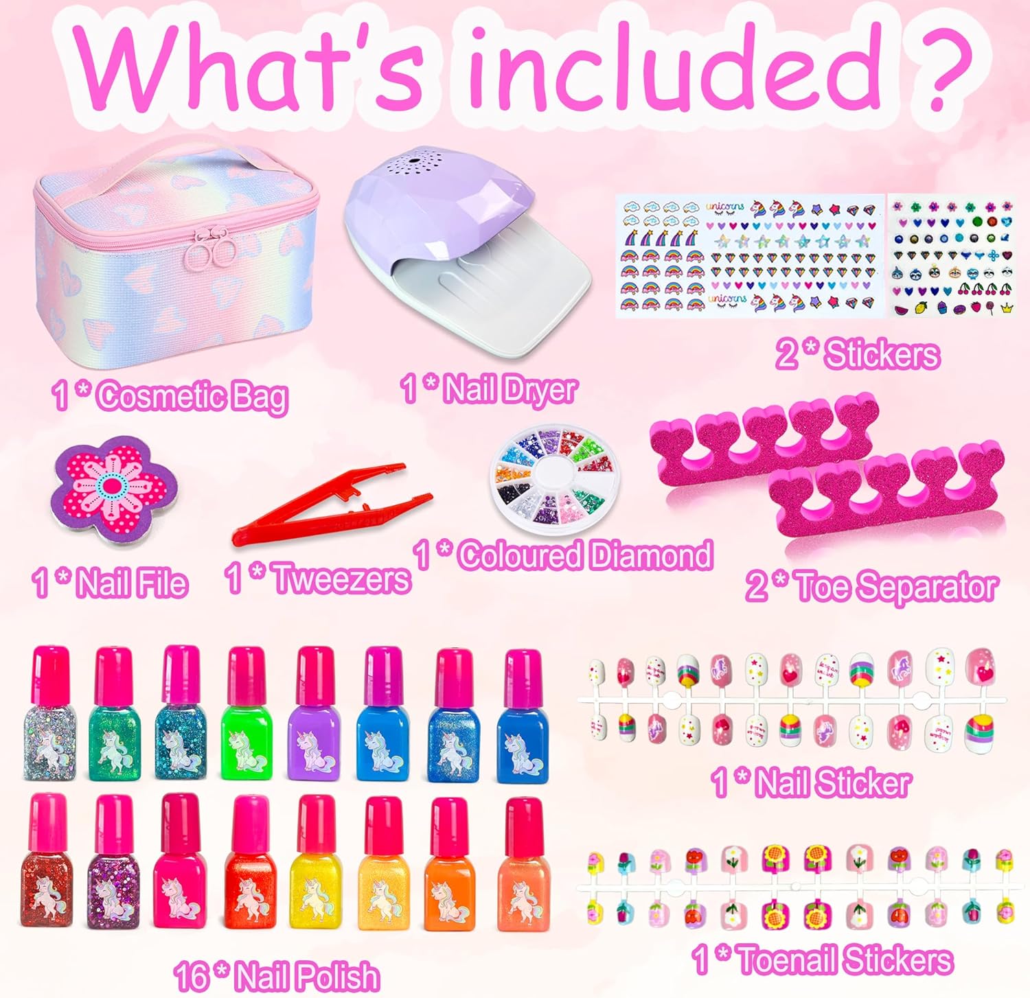 Kit manucure enfant : vernis à ongles non toxique et pelable pour des moments créatifs et amusants Idéal comme cadeau d'anniversaire pour les filles de 6 à 11 ans avec séchoir et trousse de maquillage inclus – Image 2