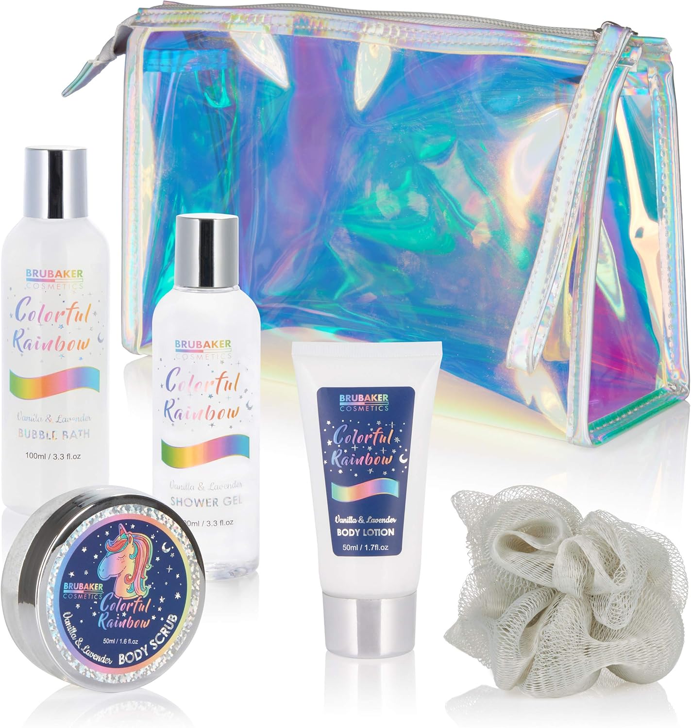 Coffret de bain et beauté vanille/lavande : l'évasion sensorielle pour les femmes 6 pièces essentielles dans une trousse licorne pour un moment de détente unique