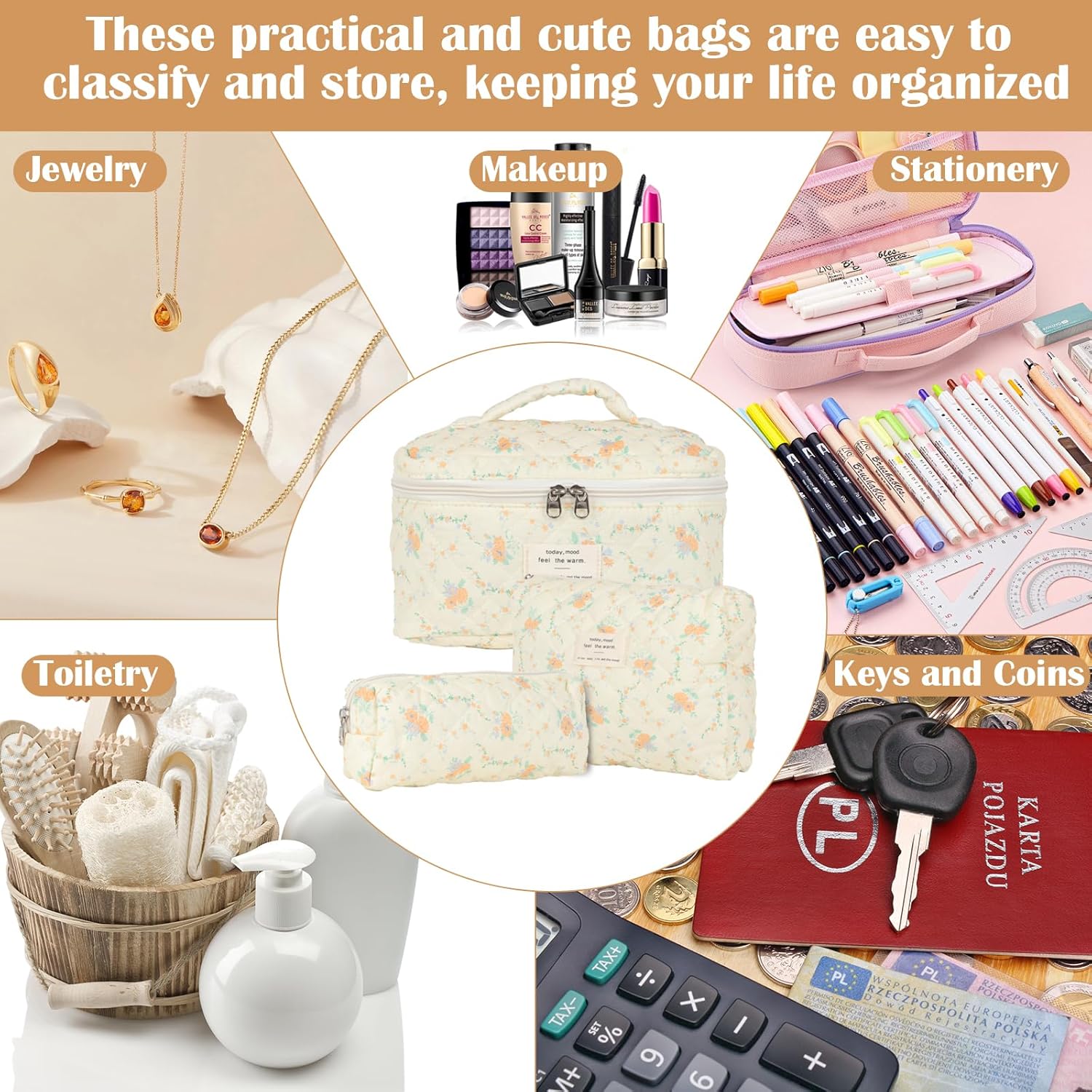 Trousse de toilette femme : lot de 3 pochettes en coton floral pour un rangement élégant et pratique de vos cosmétiques en voyage – Image 4