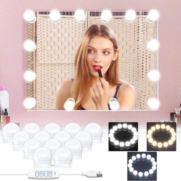 Lumière de miroir : kit de 14 ampoules LED pour coiffeuse maquillage avec câbles cachés et 3 couleurs Offrez à votre espace beauté une touche élégante et personnalisable avec 10 intensités lumineuses
