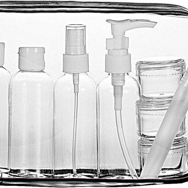 Trousse de toilette transparente : le kit de voyage idéal pour hommes et femmes, pratique et élégant avec 8 bouteilles vides pour liquides jusqu'à 100 ml