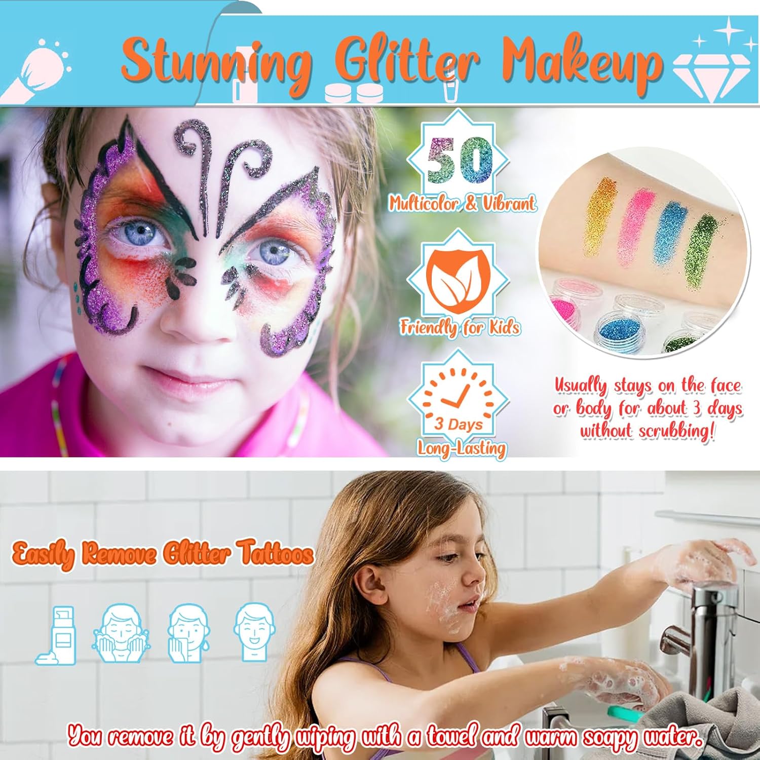 Tatouages temporaires scintillants : le kit parfait pour enfants lors des fêtes 50 couleurs, pochoirs créatifs et autocollants lumineux pour un maquillage festif inoubliable – Image 4