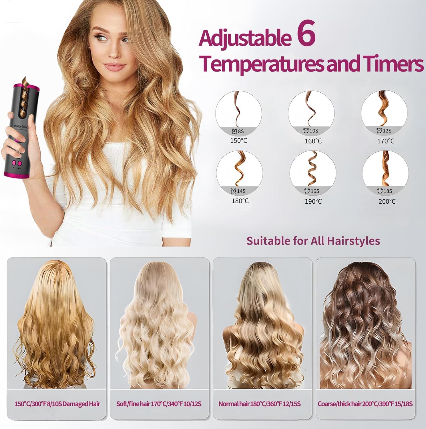 Fer à boucler automatique : l'outil idéal pour des boucles parfaites en un temps record Pour les passionnées de coiffure, avec 6 réglages de température et un minuteur de 8 à 18 secondes Profitez d'un écran LCD et d'une protection anti-brûlure pour des résultats professionnels à domicile Rechargeable par USB pour une utilisation pratique et sans contrainte – Image 2