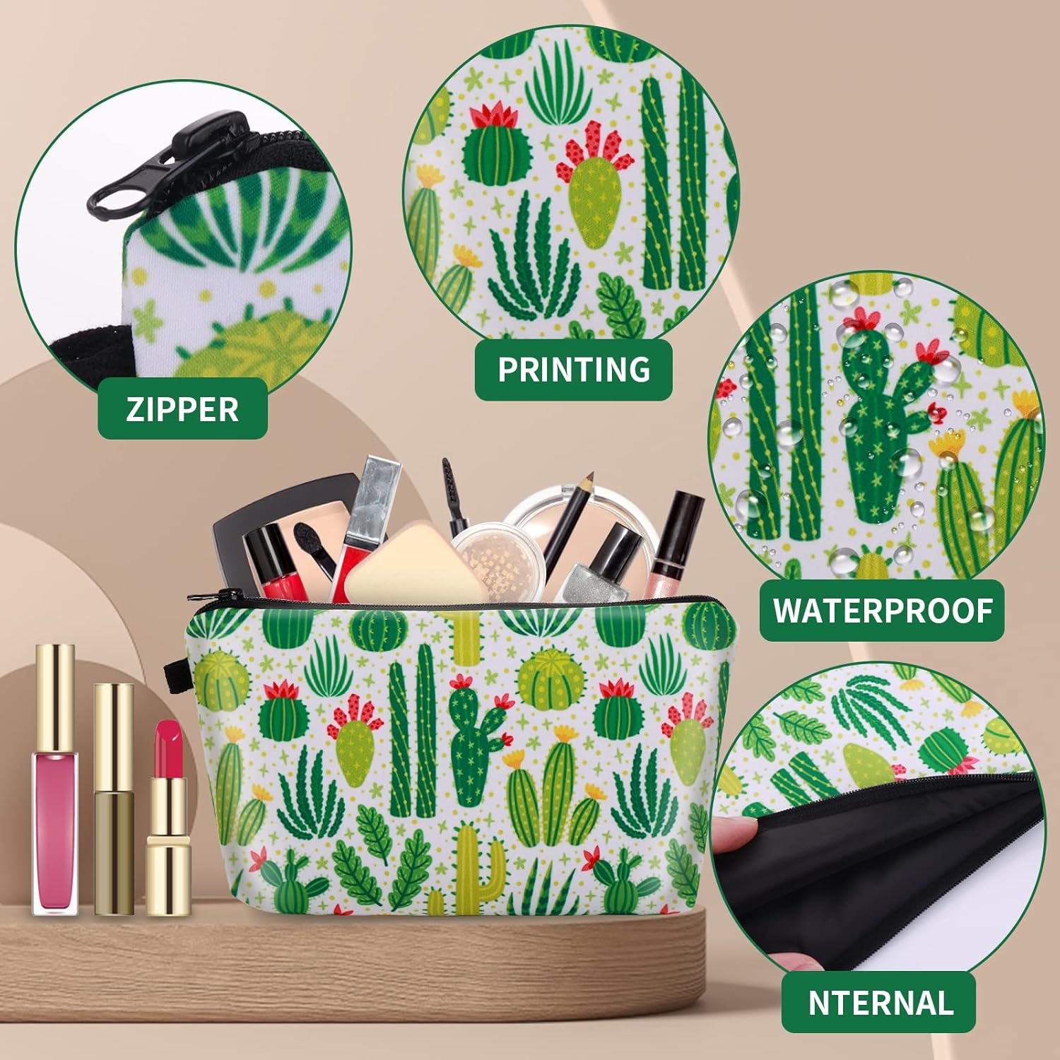 Petite trousse à maquillage en toile : l'accessoire de voyage idéal pour adolescentes Ranger vos produits de beauté avec style grâce à son design cactus vert – Image 3