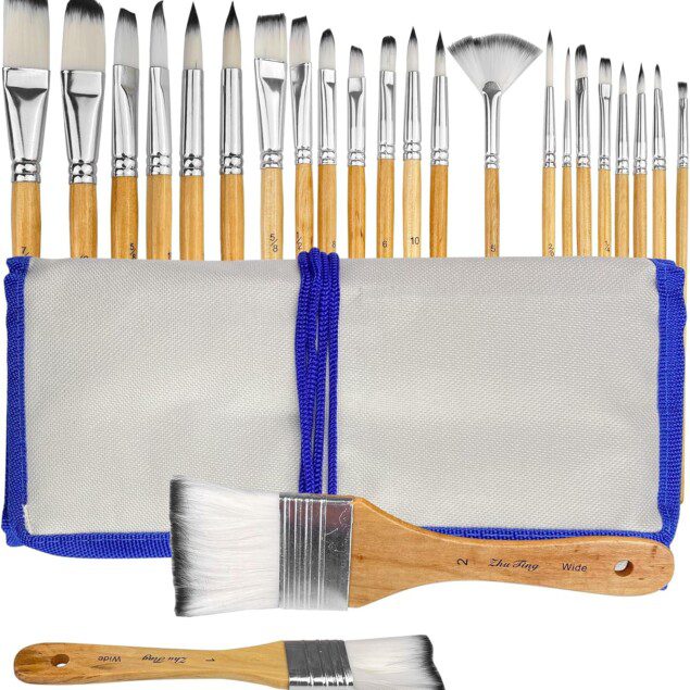 Ensemble de pinceaux de peinture en nylon : 24 pièces pour artistes passionnés, idéal pour acrylique, aquarelle, gouache et huile avec sac de rangement pratique