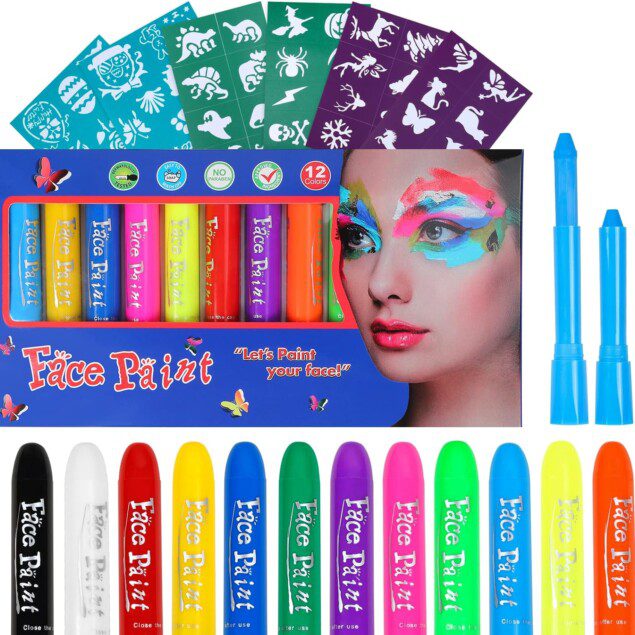 Kit de peinture pour le visage : 12 couleurs éclatantes et 55 pochoirs réutilisables pour un maquillage festif d'enfant