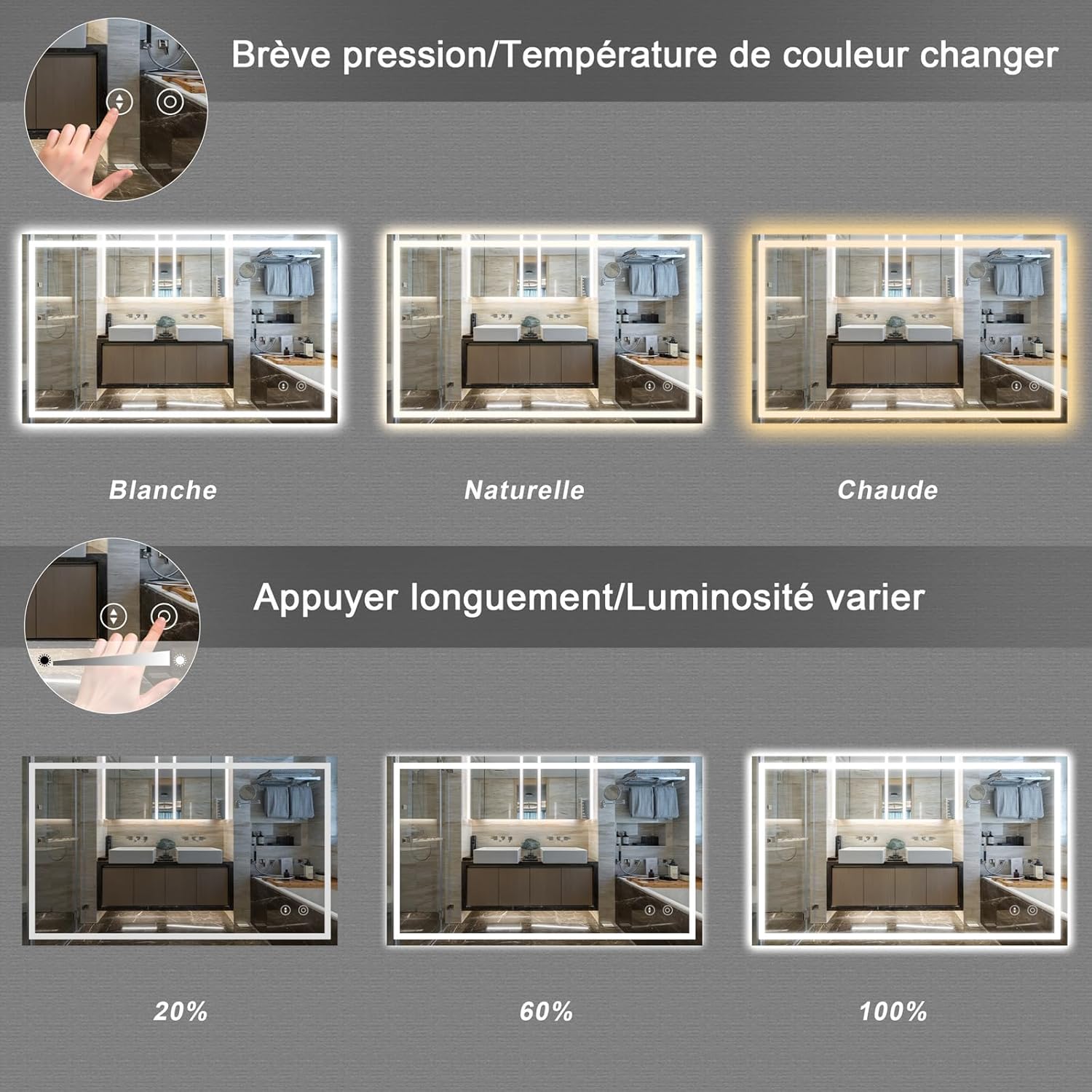 Miroir de salle de bain éclairé 60x80 cm : l'élégance et la praticité pour un espace lumineux et sans buée – Image 2