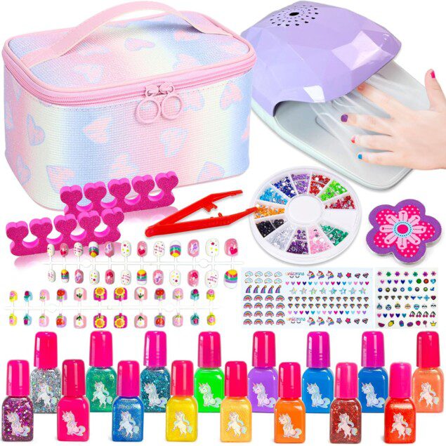Kit manucure enfant : vernis à ongles non toxique et pelable pour des moments créatifs et amusants   Idéal comme cadeau d'anniversaire pour les filles de 6 à 11 ans avec séchoir et trousse de maquillage inclus