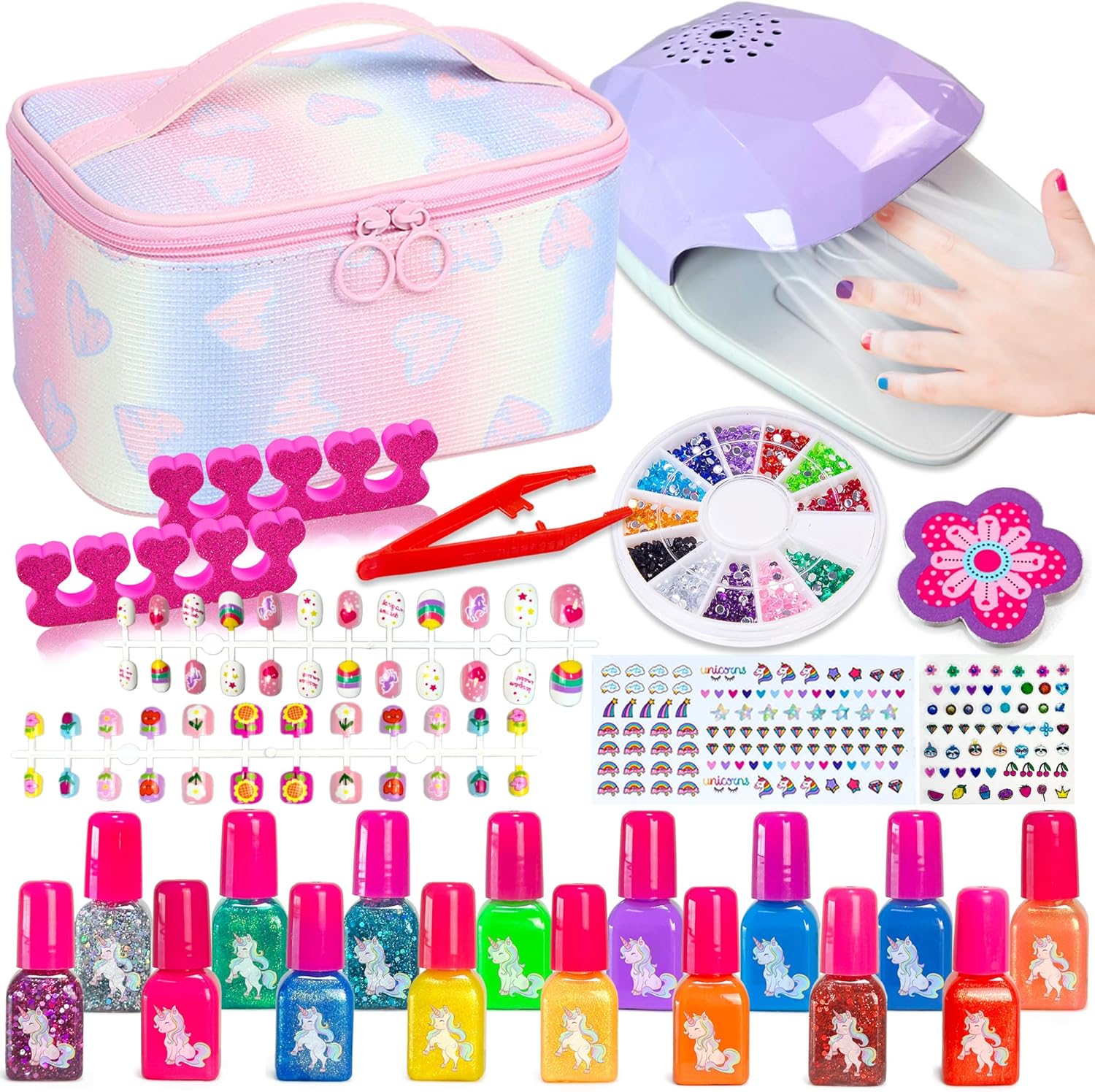 Kit manucure enfant : vernis à ongles non toxique et pelable pour des moments créatifs et amusants Idéal comme cadeau d'anniversaire pour les filles de 6 à 11 ans avec séchoir et trousse de maquillage inclus